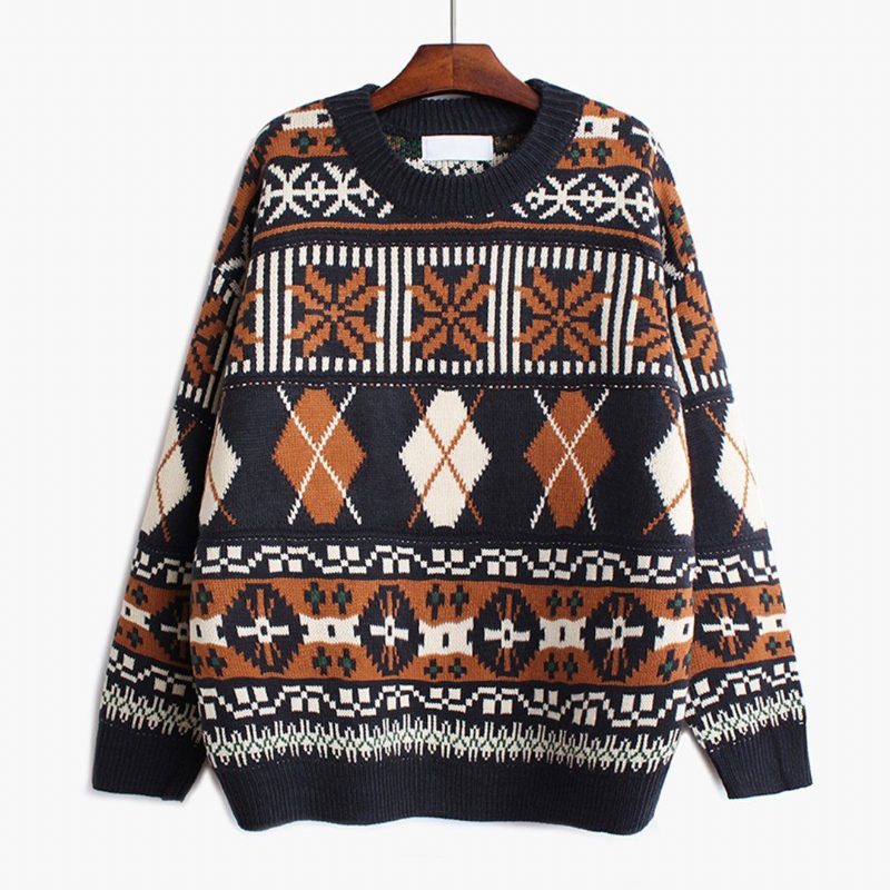 Geometrischer Vintage-lässiger Lockerer Strickpullover