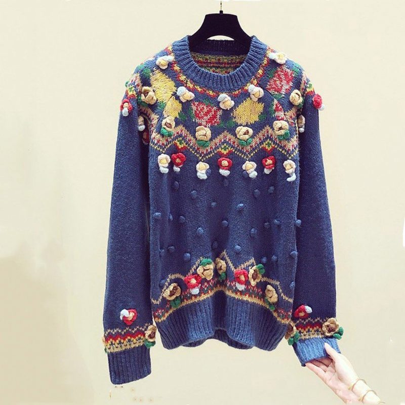 Handgefertigter Blumenstickerei-herbst-winter-vintage-pullover