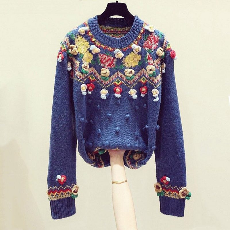 Handgefertigter Blumenstickerei-herbst-winter-vintage-pullover