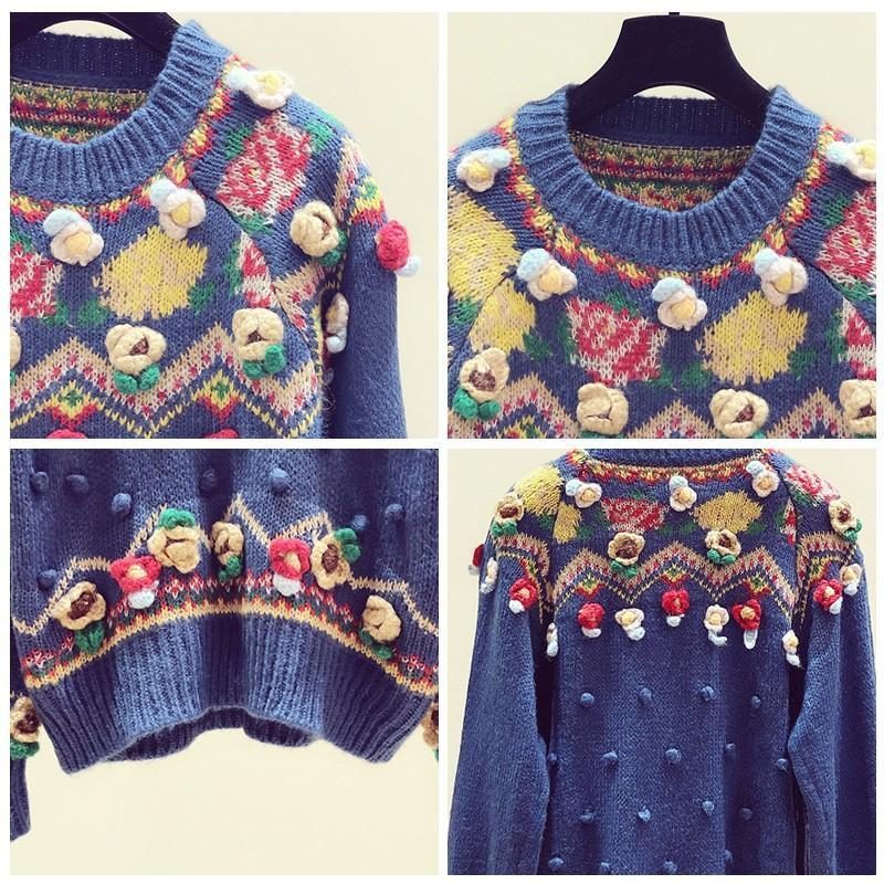 Handgefertigter Blumenstickerei-herbst-winter-vintage-pullover