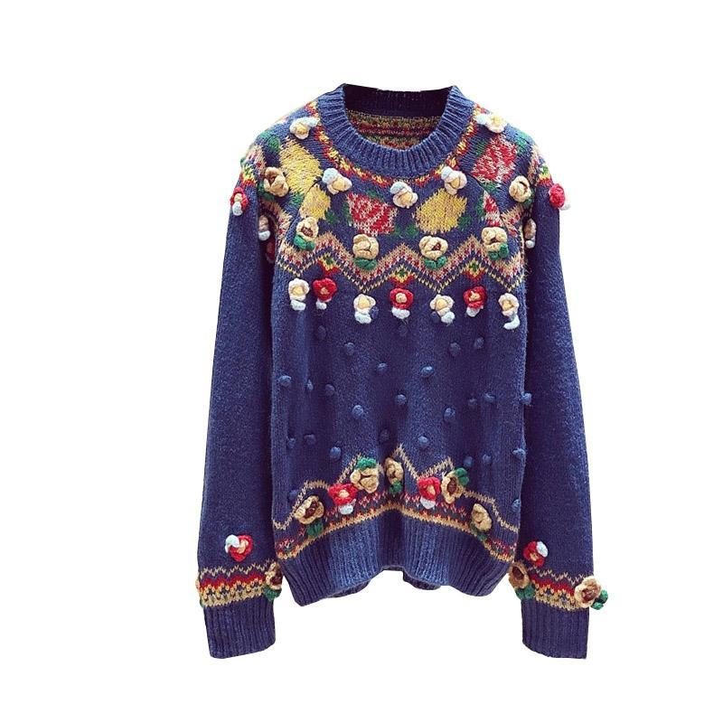 Handgefertigter Blumenstickerei-herbst-winter-vintage-pullover