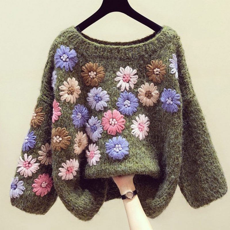 Handgemachte Blumen-stickerei-herbst-winter-lose Strickjacke