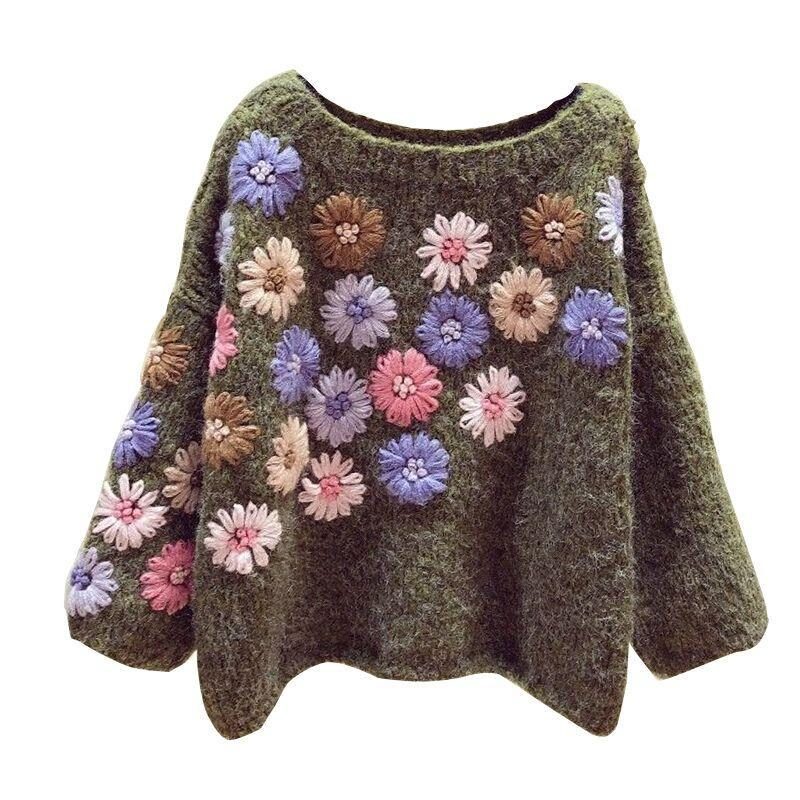 Handgemachte Blumen-stickerei-herbst-winter-lose Strickjacke