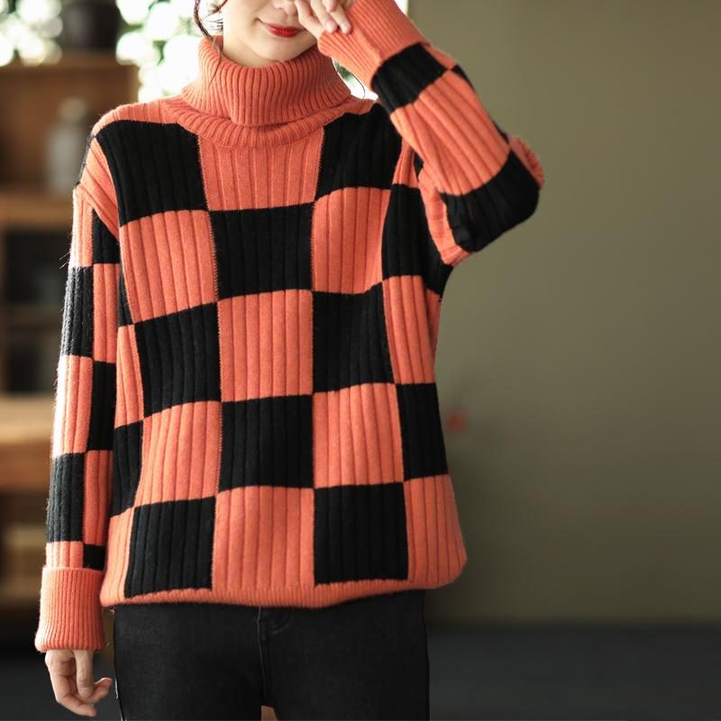 Lässiger Rollkragen-strickpullover Im Retro-stil Mit Karomuster Für Den Winter