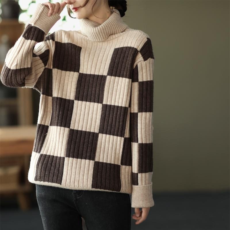 Lässiger Rollkragen-strickpullover Im Retro-stil Mit Karomuster Für Den Winter