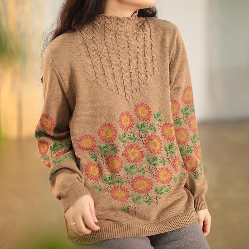 Lockerer Pullover Mit Retro-baumwollblumendruck