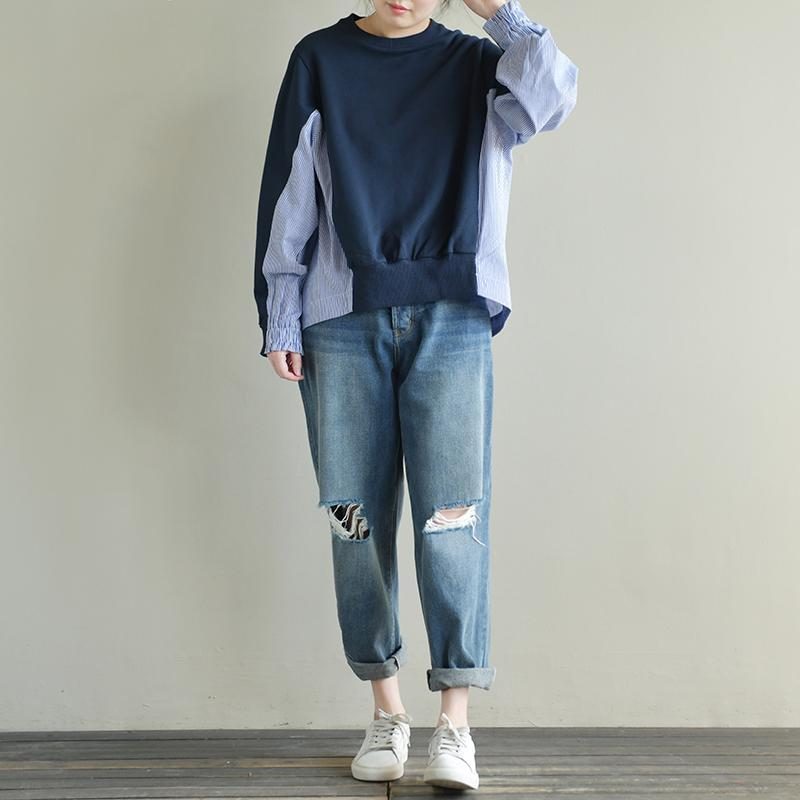 Loose Stripe Stitching Dünnes Pullover-herbsthemd