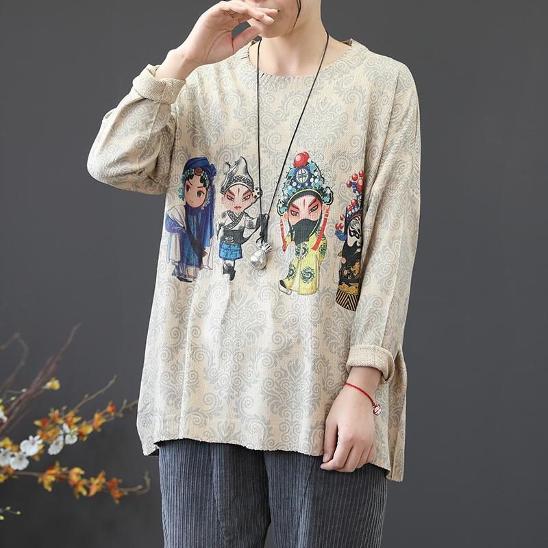 Loser Pullover Im Chinesischen Stil Mit Literarischem Retro-print