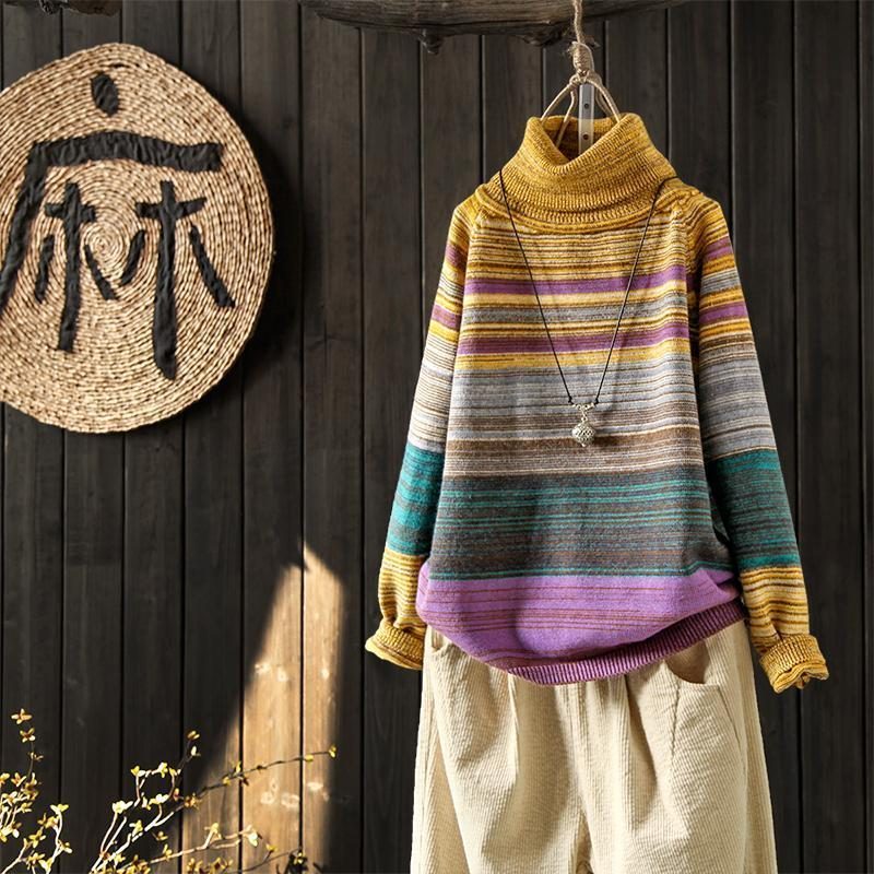 Vintage Loose Rainbow Strip Rollkragenpullover