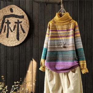 Vintage Loose Rainbow Strip Rollkragenpullover