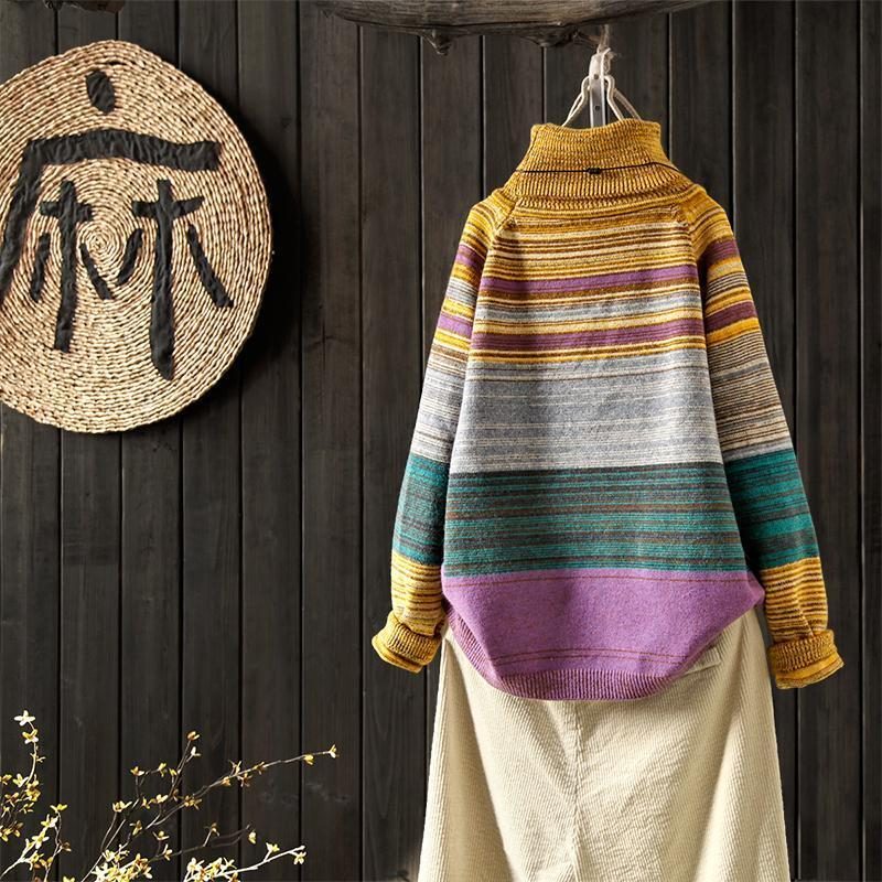 Vintage Loose Rainbow Strip Rollkragenpullover