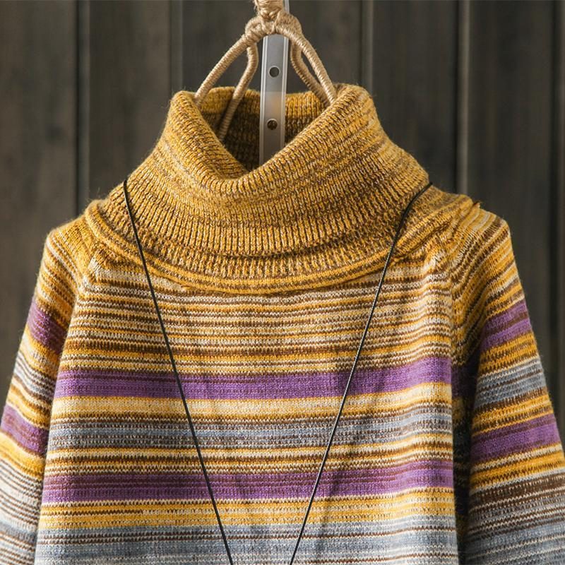 Vintage Loose Rainbow Strip Rollkragenpullover