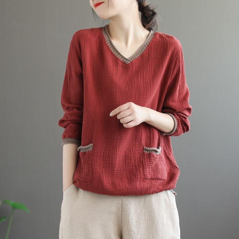 Vintage Plain V-ausschnitt Herbstpullover