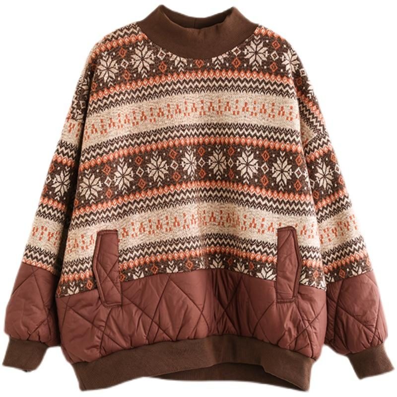 Winter-blumen-retro-ethno-pullover Aus Lockerer Baumwolle