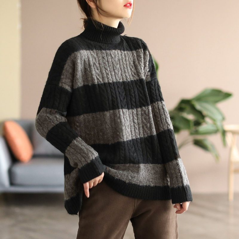 Winter-retro-streifen-strickpullover Aus Fleece-mischgewebe