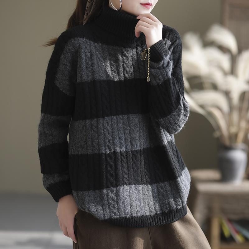 Winter-rollkragenpullover Mit Dicken Streifen Und Losem Retro-pullover