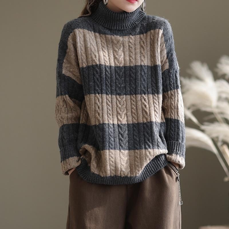 Winter-rollkragenpullover Mit Dicken Streifen Und Losem Retro-pullover