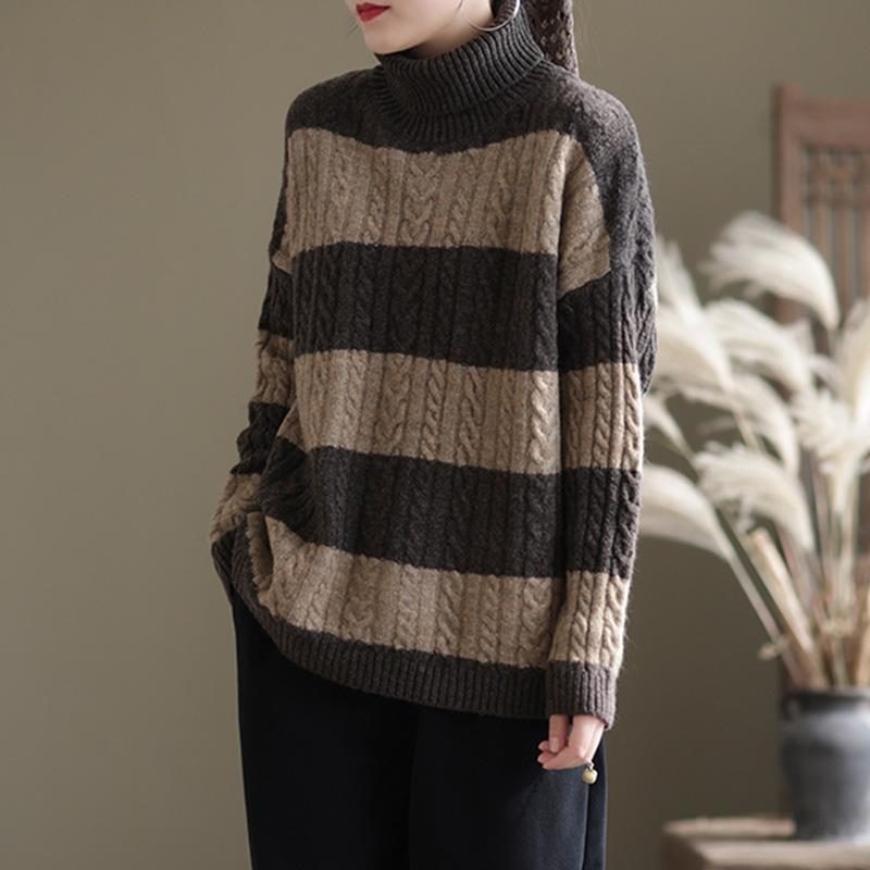 Winter-rollkragenpullover Mit Dicken Streifen Und Losem Retro-pullover