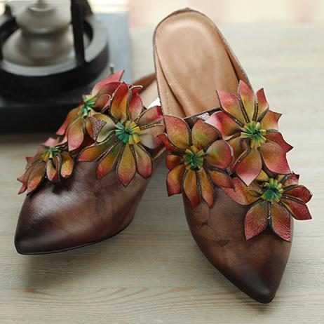 Blumen Retro Mandelzehe Chunky Heels Hausschuhe 35-41