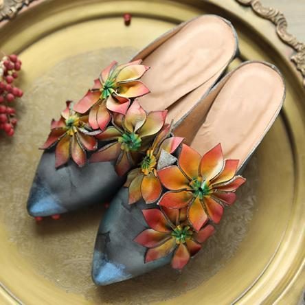 Blumen Retro Mandelzehe Chunky Heels Hausschuhe 35-41