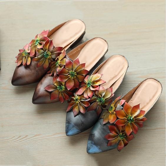 Blumen Retro Mandelzehe Chunky Heels Hausschuhe 35-41