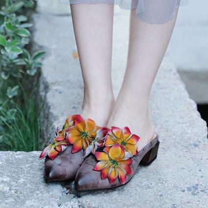 Blumen Retro Mandelzehe Chunky Heels Hausschuhe 35-41