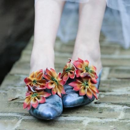 Blumen Retro Mandelzehe Chunky Heels Hausschuhe 35-41