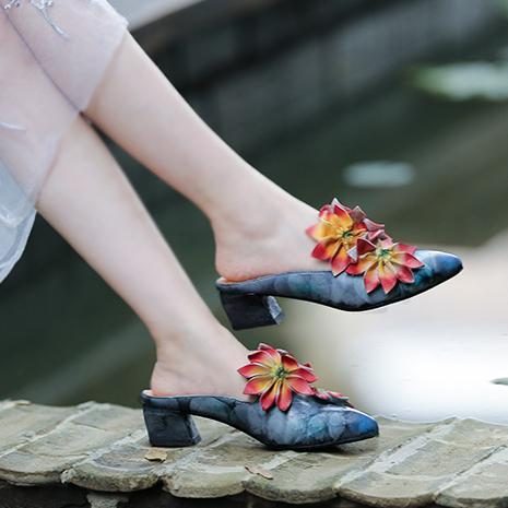 Blumen Retro Mandelzehe Chunky Heels Hausschuhe 35-41