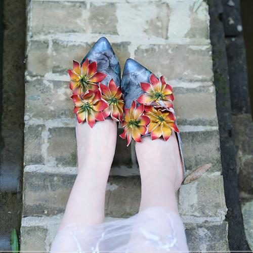 Blumen Retro Mandelzehe Chunky Heels Hausschuhe 35-41