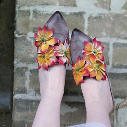 Blumen Retro Mandelzehe Chunky Heels Hausschuhe 35-41