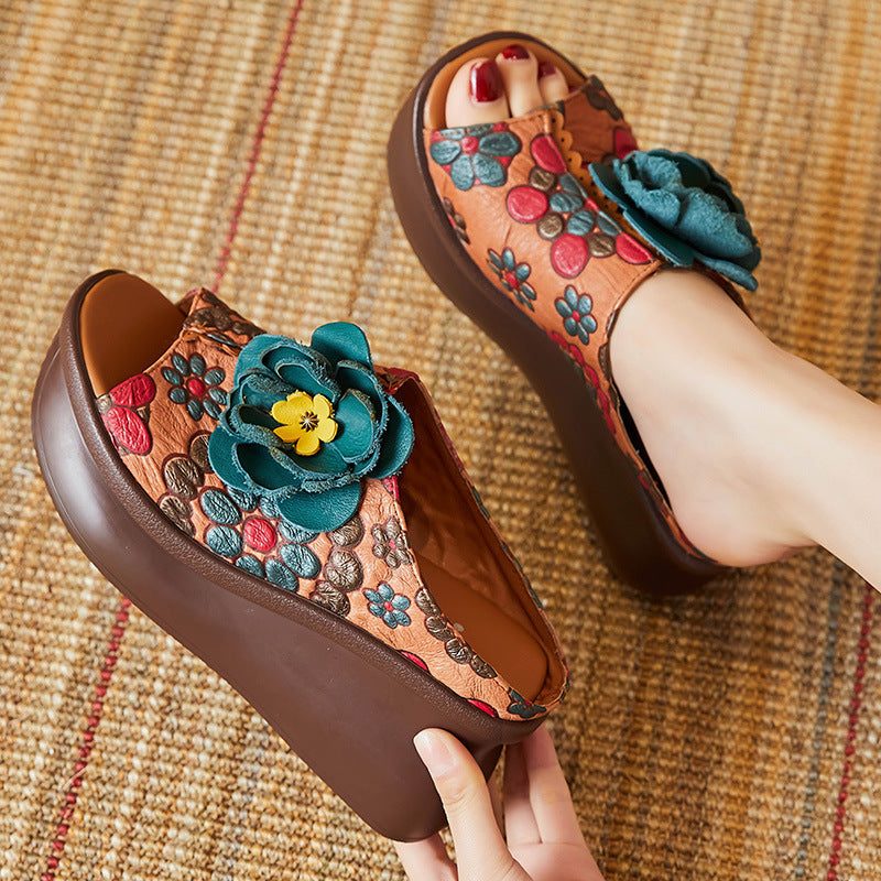 Frauen-sommer-leder-slipsole-beiläufige Pantoffel Mit Blumenmuster