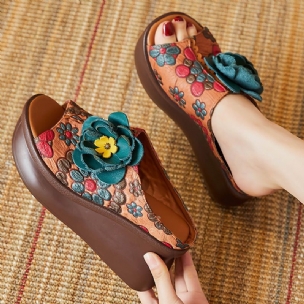 Frauen-sommer-leder-slipsole-beiläufige Pantoffel Mit Blumenmuster