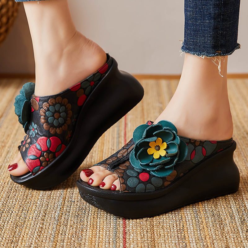 Frauen-sommer-leder-slipsole-beiläufige Pantoffel Mit Blumenmuster