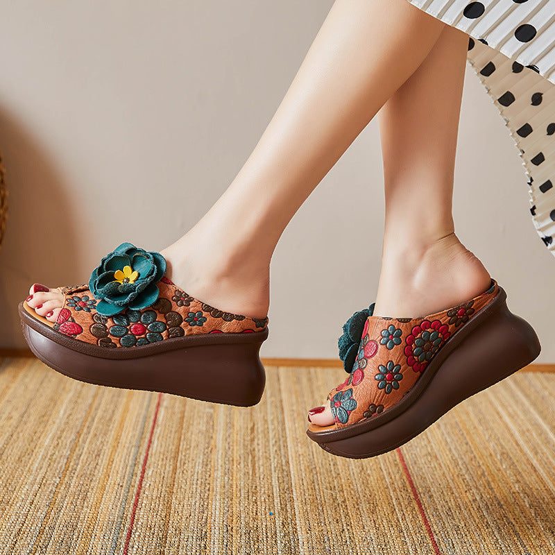 Frauen-sommer-leder-slipsole-beiläufige Pantoffel Mit Blumenmuster