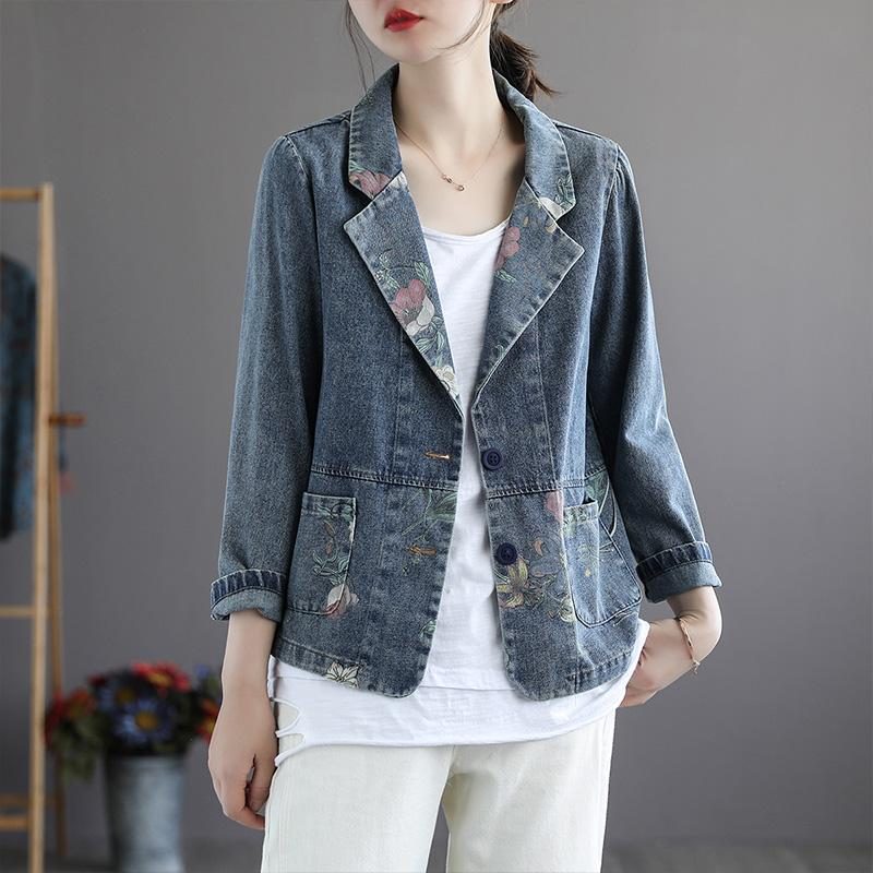 Frühlings-herbst-retro-patchwork-blumen-baumwoll-denim-anzugjacke