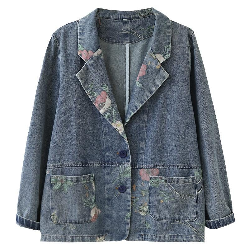 Frühlings-herbst-retro-patchwork-blumen-baumwoll-denim-anzugjacke