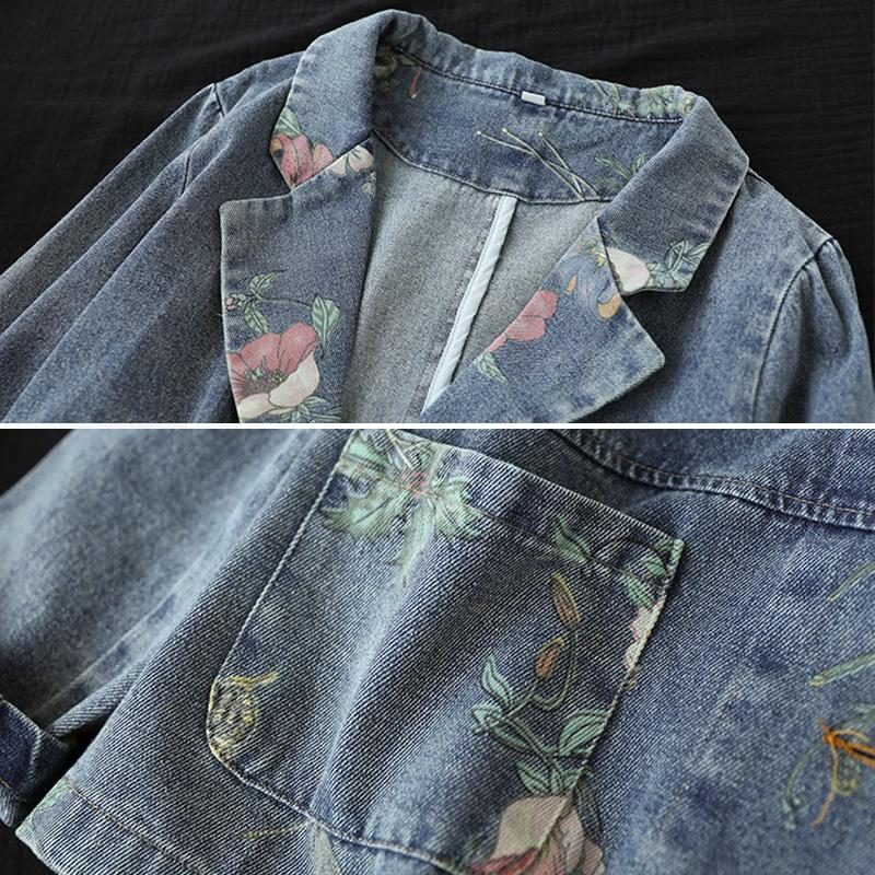 Frühlings-herbst-retro-patchwork-blumen-baumwoll-denim-anzugjacke