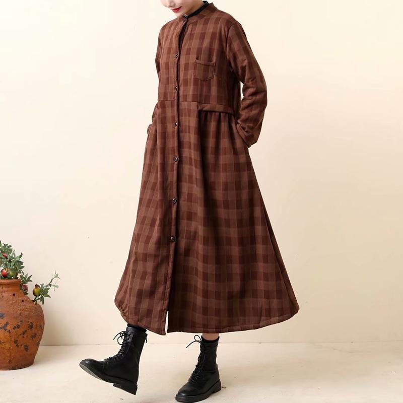 Langes Mantelkleid Aus Dickem Retro-baumwoll-leinen-plaid