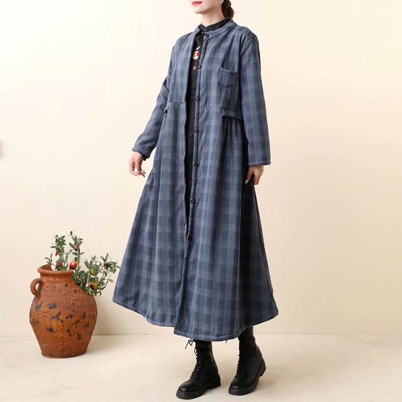 Langes Mantelkleid Aus Dickem Retro-baumwoll-leinen-plaid