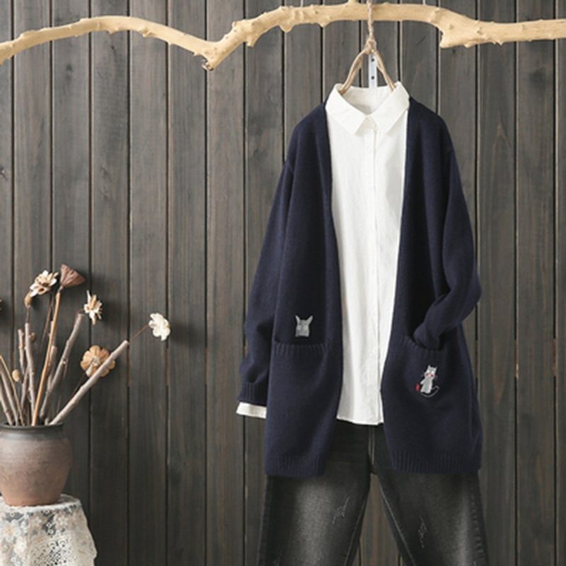 Lockerer Lässiger Cardigan-strickmantel Mit Stickerei