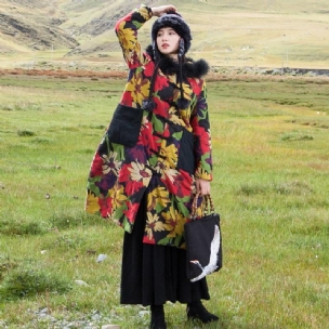 Mittellange Baumwoll-leinen-jacke Mit Kapuze Im Chinesischen Stil