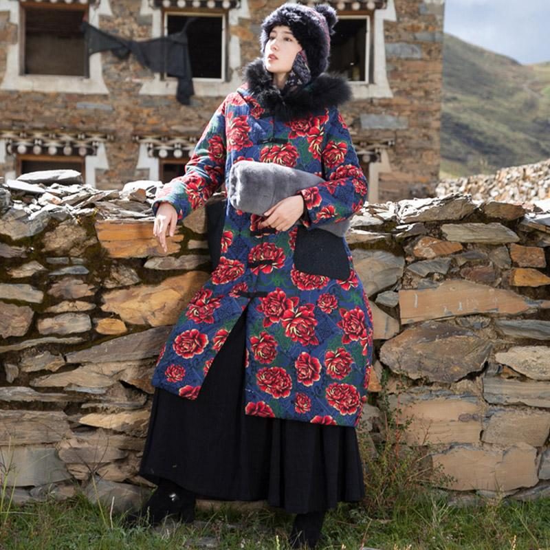 Mittellange Baumwoll-leinen-jacke Mit Kapuze Im Chinesischen Stil