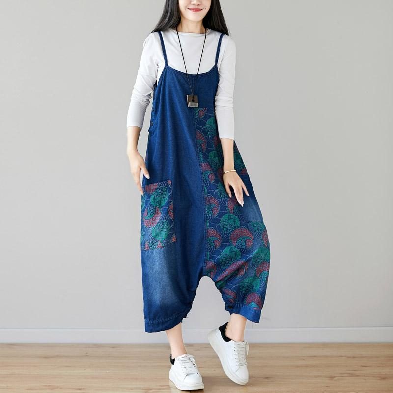 Autumn Denim Lätzchen Lose Hängender Rock-overall Mit Retro-print