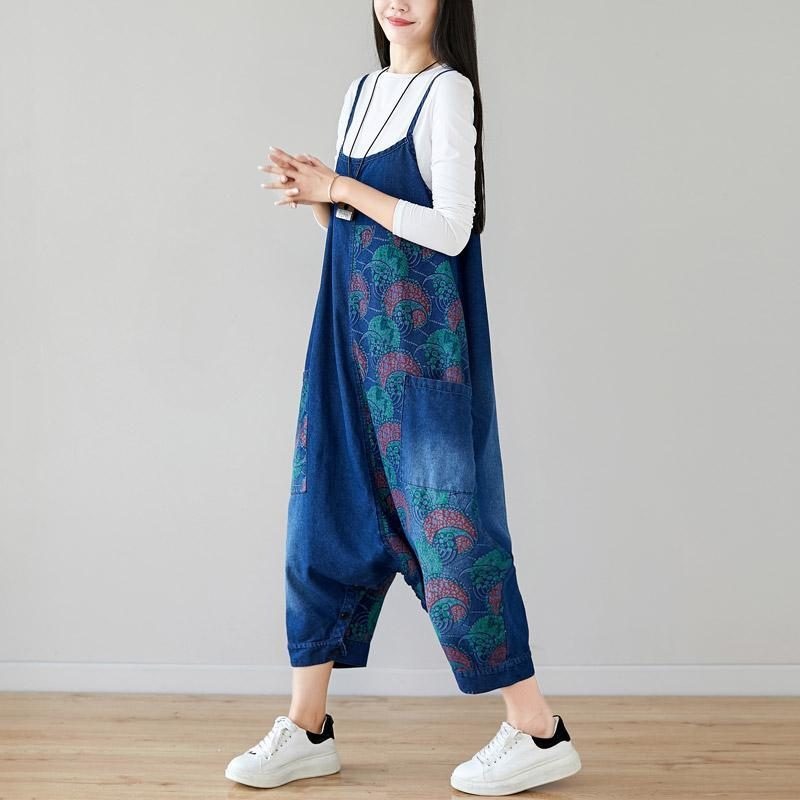 Autumn Denim Lätzchen Lose Hängender Rock-overall Mit Retro-print