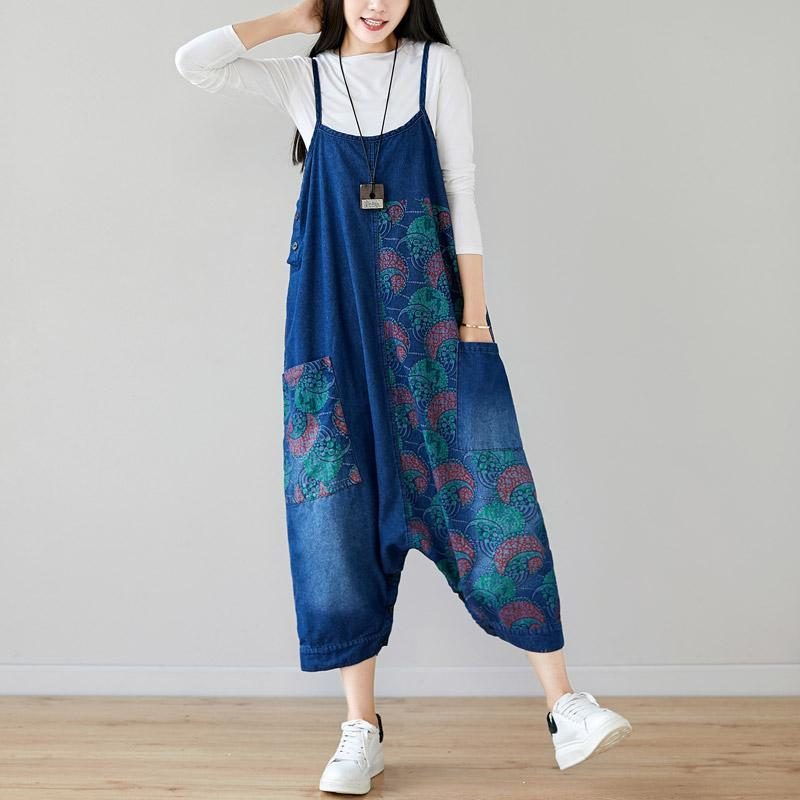 Autumn Denim Lätzchen Lose Hängender Rock-overall Mit Retro-print