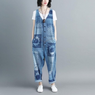 Damen Baumwoll V-ausschnitt Ärmellose Blue Denim Overalls