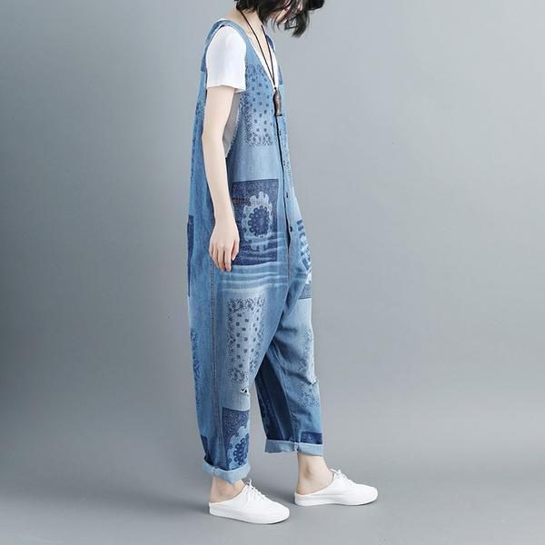 Damen Baumwoll V-ausschnitt Ärmellose Blue Denim Overalls