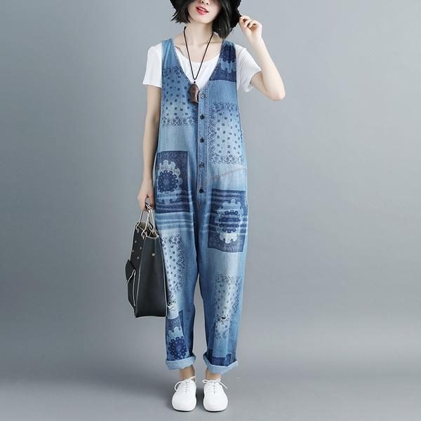 Damen Baumwoll V-ausschnitt Ärmellose Blue Denim Overalls