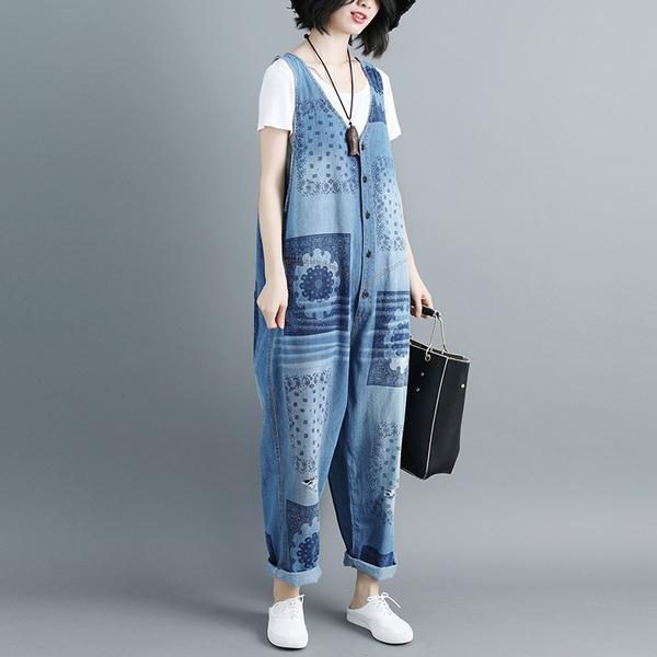 Damen Baumwoll V-ausschnitt Ärmellose Blue Denim Overalls