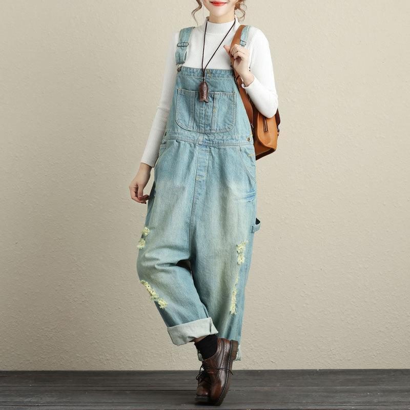 Damen Loose Holes Denim-overalls